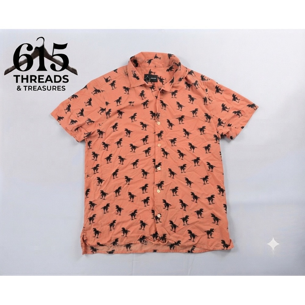 Original Use Mens Dinosaur Print Short Sleeve Button Down Shirt Peach Size M